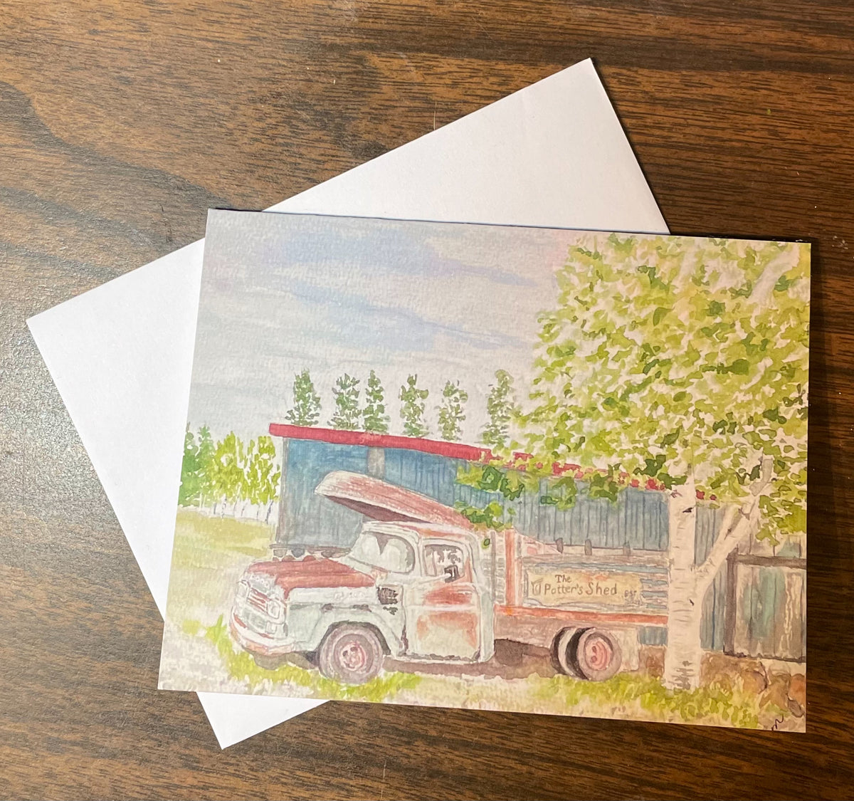 Vintage Truck at Potter's Shed Watercolor Blank Card