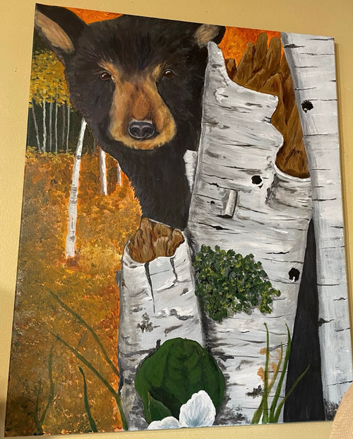 Bear behind birch original acrylic